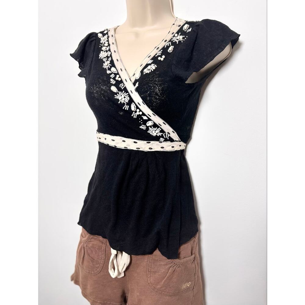 Vtg Y2K Deletta Black Open Knit Wrap Top White Jeweled Trim Tieback Sash